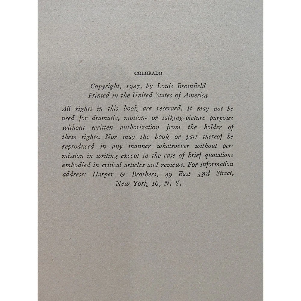 Colorado 1947 Louis Bromfield First Edition Novel Harper & Bro Hardcover Vintage